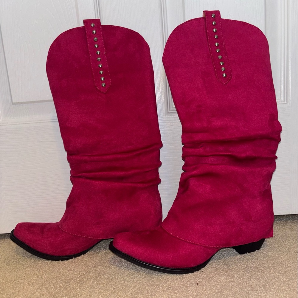 Fuschia Women's Slouchy Stud-Trim Cowboy Boots